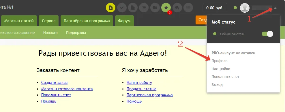 Заполнение профиля Адвего